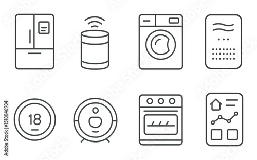 Smart home appliances set. modern household linear fridge, washer, thermostat, oven vector icons