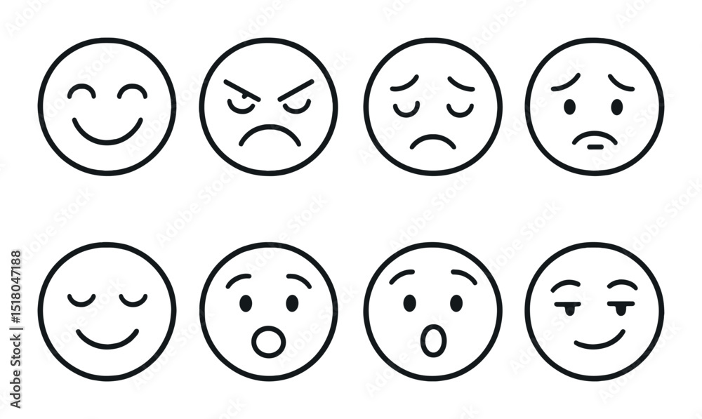 Emotion face set. linear emoji, happy, sad, angry, surprised, calm vector icons. Emotion face set. linear emoji, happy, sad, angry, surprised, calm vector icons.