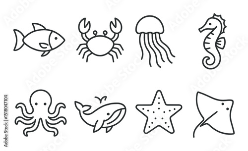 Aquatic animal set. ocean marine life silhouette. fish, crab, jellyfish, seahorse vector icons.