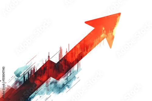Dynamic red arrow indicating growth with abstract city skyline on black background