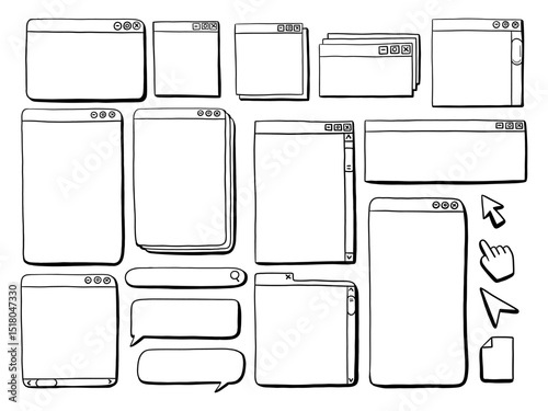 Hand Drawn Web Interface Element. A creative collection of nineteen hand drawn web interface icons including browser cursors search bars and chat bubbles. Perfect for UI sketches and digital mockup