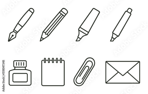 Stationery icon set. office supplies linear style. pen, pencil, marker, ink, clip vector icons.