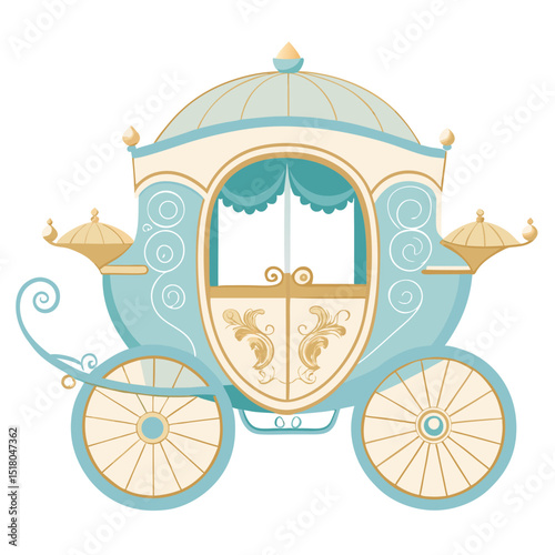Cartoon Illustration of a Light Blue and CreamColored Cinderella Carriage with Gold Details