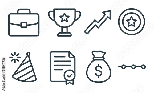 Icons set. business essentials linear icons: briefcase, trophy, chart, target vector icons.