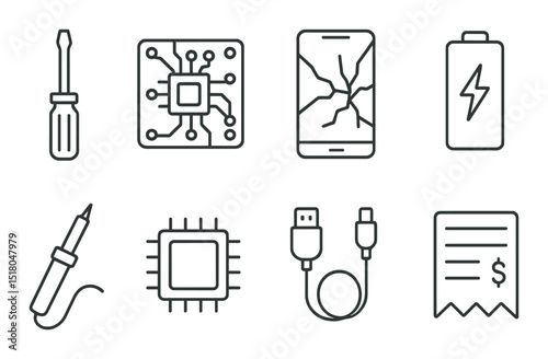 Electronics repair set. tech tools silhouette. screwdriver, circuit, phone, cable, receipt vector icons.