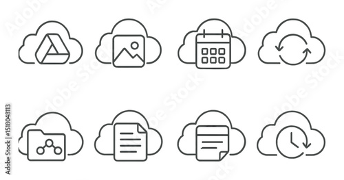 Cloud storage icon set. data management silhouette icons: calendar, sync, document, clock vector icons.