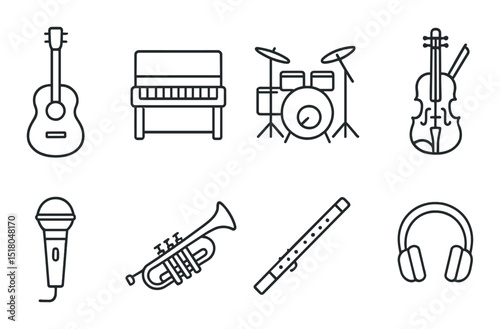 Musical instruments set. linear music, guitar, piano, drums, violin, mic vector icons.