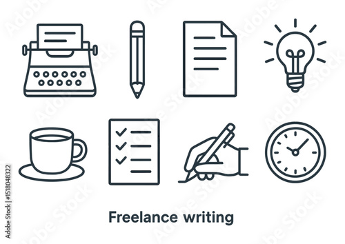 Freelance writing set. linear icons: typewriter, pencil, paper, lightbulb, coffee vector icons.
