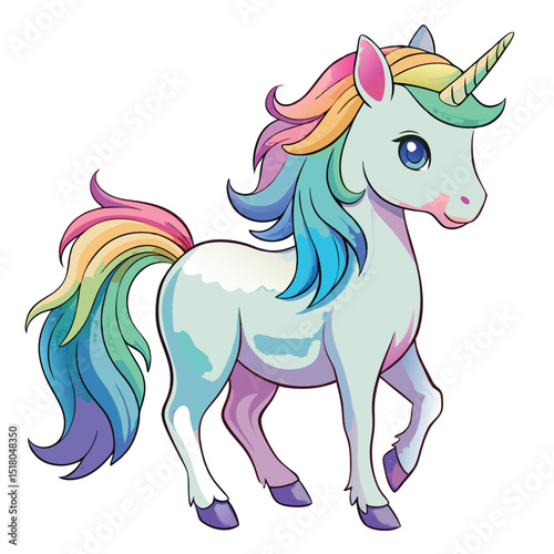 Cartoon Unicorn Illustration Rainbow Mane and Tail, Cute Blue Eyes, Purple Hooves