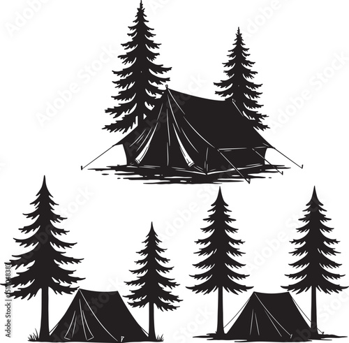 Camping Tents Outdoor Adventure Silhouette vector illustration