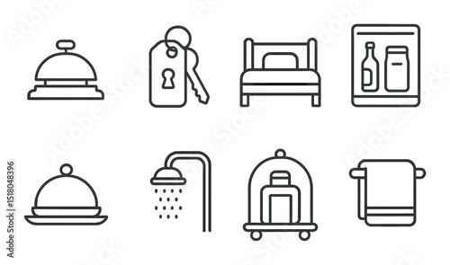 Hotel amenities set. linear hospitality essentials: bell, key, bed, minibar, shower, towel vector icons.