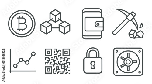 Cryptocurrency icon set: linear bitcoin, blockchain, wallet, mining, security, vector icons