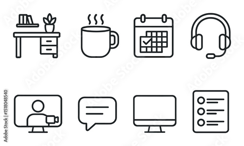 Office icon set. modern workspace silhouette: desk, coffee, calendar, headset vector icons