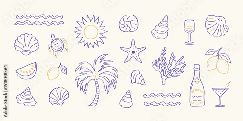 A set of hand-drawn summer-themed doodle-style icons in a minimalist line art style.A palm tree, lemons, a cocktail, a vine, a sun, a sea, and seashells.Concept for vacations, the ocean, beach parties