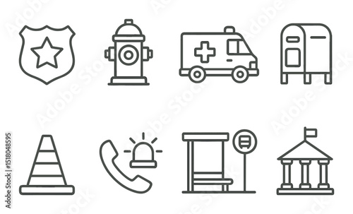 Emergency services set. first responder linear icons. badge, hydrant, ambulance, mailbox vector icons.