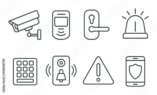 Security device set. linear alarm, camera, lock, siren, keypad, alert vector icons.