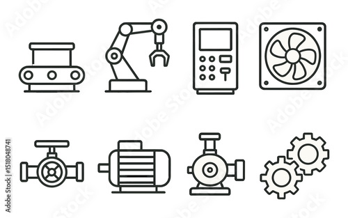 Factory equipment set. industrial tools silhouette. belt, robot, sensor, fan, valve, motor vector icons.
