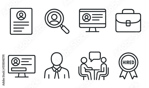 Job application set. employment linear icons: resume, interview, search vector icons.