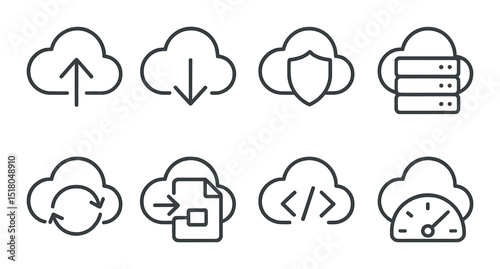 Cloud service set. network, storage, shield, sync, code, speed, linear vector icons.