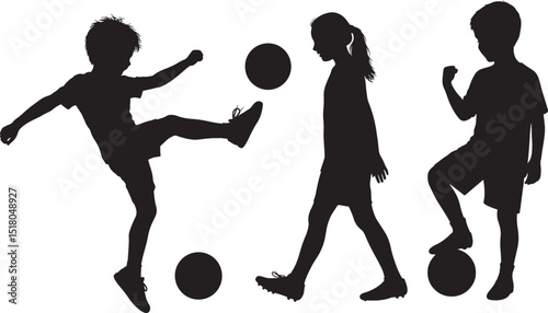 Children Playing Soccer Silhouette Art vector illustration