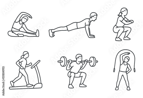 Fitness exercise set. workout silhouette icons: stretching, plank, squat, treadmill vector icons.