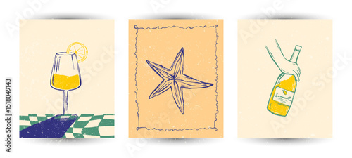 Set of Hand Drawn sketch style vector Illustrations – Vintage Style Minimal Posters with Grunge Texture. Travel doodles. Art for postcards, print posters, packaging design with textured grunge finish
