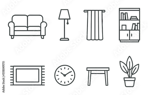Home decor set. interior linear icons. sofa, lamp, curtain, shelf, rug, clock, table, plant vector icons.