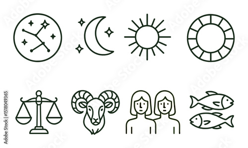 Zodiac sign set. horoscope elements with astrology symbols. aries, gemini, pisces, linear vector icons.