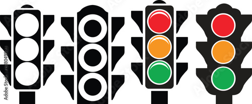 Traffic light flat icon set. Traffic signal signs. Street regulation system, road safety concept. Road Intersection, rules designs elements for apps and websites isolated on transparent background.