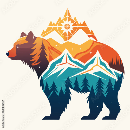 Colorful Bear Silhouette Filled With Mountain Landscape, Pine Trees, And Compass Rose Graphic Art