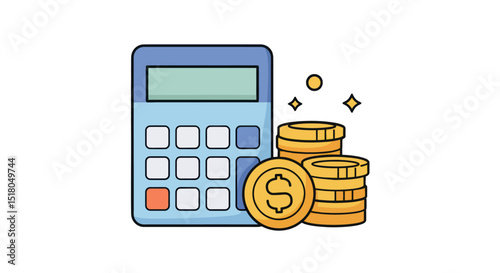 Illustration showing financial calculation with calculator and gold coins stacked and sparkling