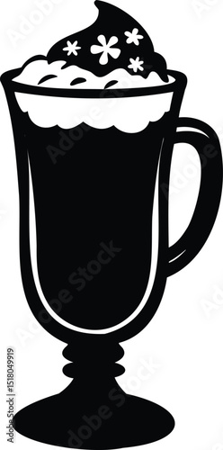 Elegant black and white illustration of a hot drink with whipped cream