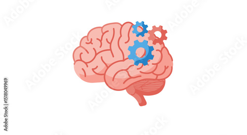 illustration of human brain with gears symbolizing cognitive function and mental processes