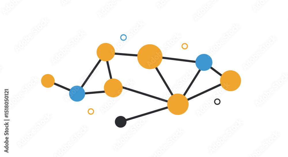 Obraz premium Abstract representation of connected network nodes with linked circular elements in blue and orange colors