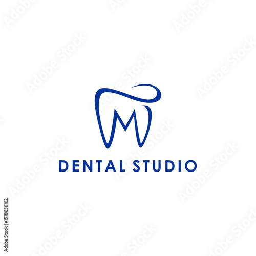 Luxury Dental Logo Design with Letter M and Tooth Symbol for Implant Clinic Orthodontist Care or Modern Medical Dentistry Brand in Clean Minimalist Vector Style