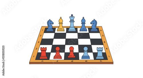 Illustration of a uniquely colored chessboard with unconventional piece placement and design