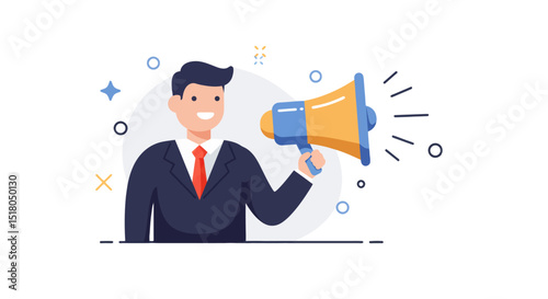 businessman in suit using megaphone to announce or promote message with enthusiasm