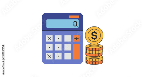 Illustration of a calculator and stacked gold coins representing financial calculations and money management