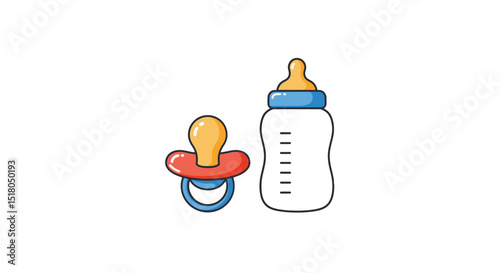 Illustration of baby pacifier and baby bottle with nipple on white background