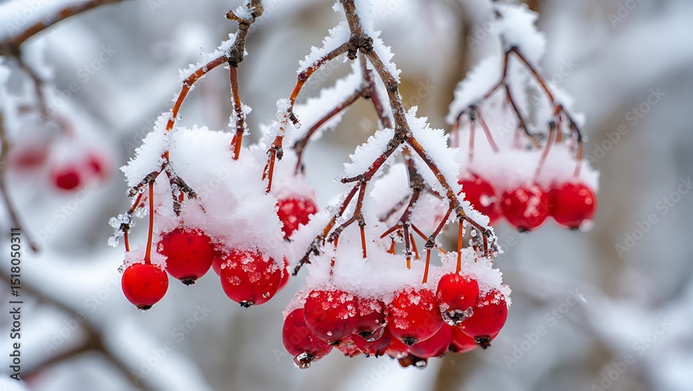 Snow covered red berries winter holiday seasonal background Snow covered red berries winter holiday seasonal background