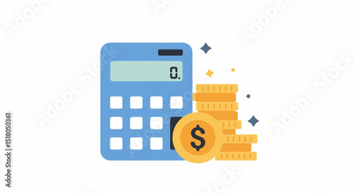 Illustration of blue calculator with stacks of golden coins symbolizing financial calculations and savings