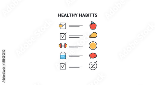 Checklist of daily healthy habits including diet exercise hydration and rest icons
