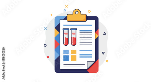 Illustration of medical clipboard showing blood test report with colorful design elements around