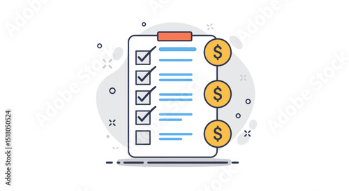 Checklist with financial icons representing budget and expense tracking on clipboard