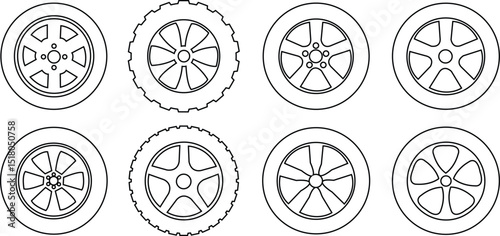 Black rubber wheel tire outline icon set. Car tire tread tracks, motorcycle racing, dirty tires track. Tyre road maintenance vectors illustration automobile. Transport symbol on transparent background