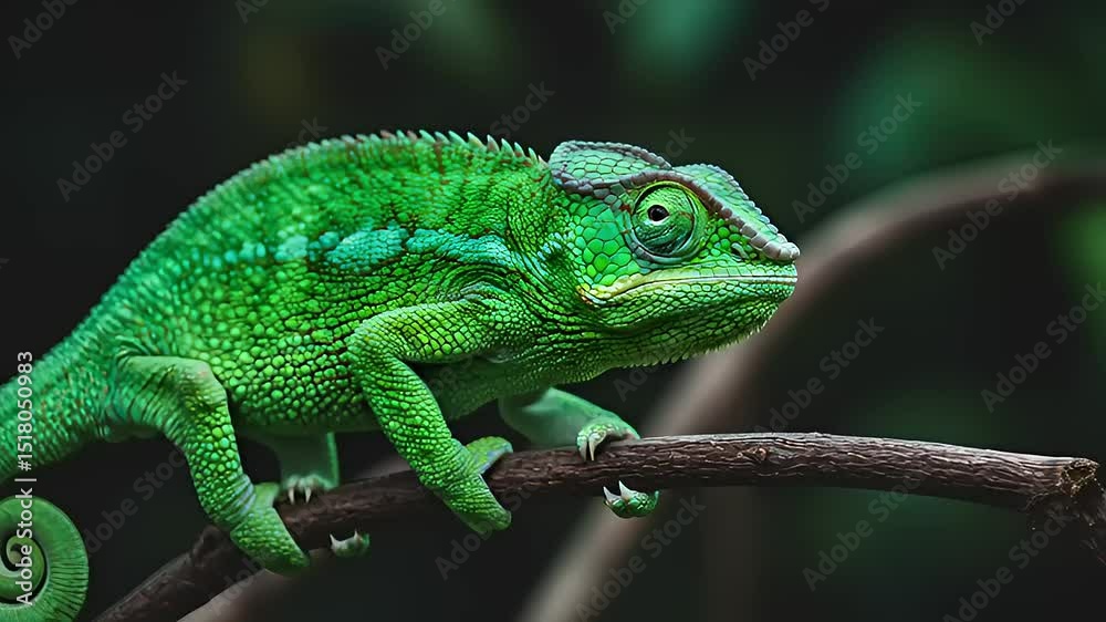 Vibrant green chameleon perched on a branch, surrounded by lush foliage in a natural habitat Vibrant green chameleon perched on a branch, surrounded by lush foliage in a natural habitat