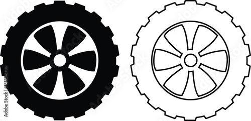 Black rubber wheel tire flat, outline icon set. Car tire tread tracks, motorcycle racing, dirty track. Tyre road maintenance vectors illustration automobile. Transport symbol on transparent background