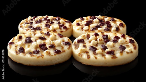 Delicious crumpets with white chocolate and cranberry toppings on black background