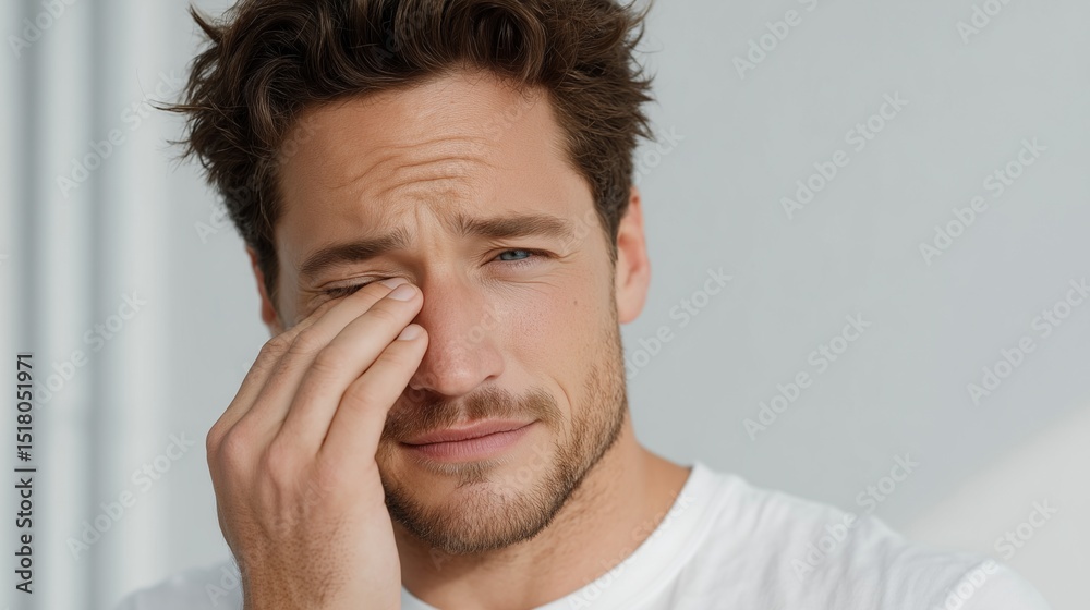 A man rubbing eyes, concerned about dryness, minimalist white setting, vision discomfort concept A man rubbing eyes, concerned about dryness, minimalist white setting, vision discomfort concept