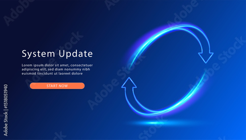 System Update. Two glowing arows go round. Update icon. Web page with updating progress bar.